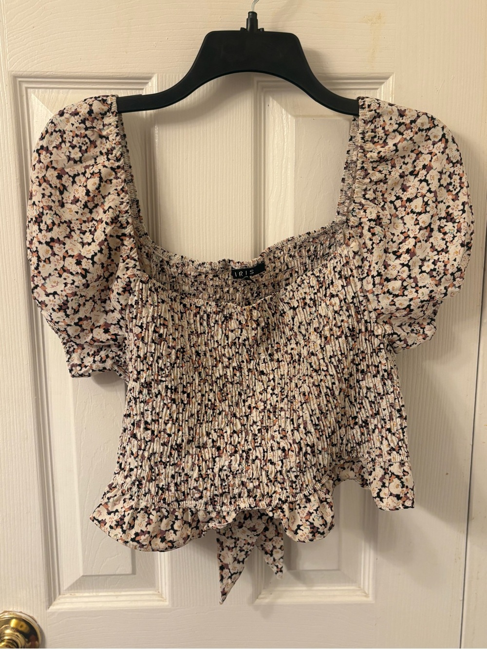 iris Cream Floral Smocked Puff-Sleeve Crop Top with Tie